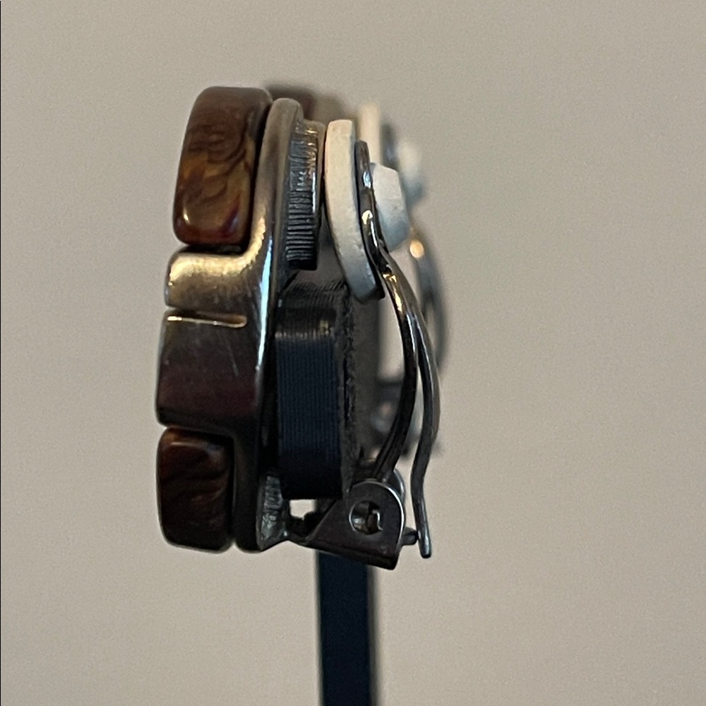 Vintage Givenchy Modernist Rosewood & Silver-Tone Clip-on Earrings - Picture 7 of 8